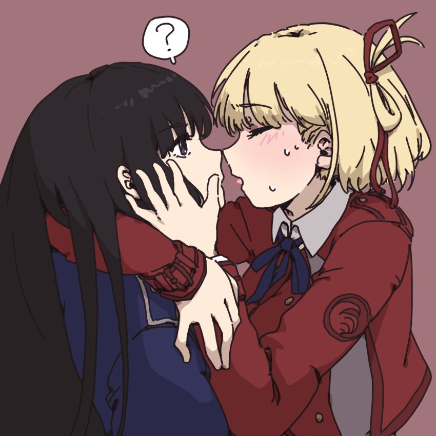 2girls, black_hair, blonde_hair, blue_dress, blue_ribbon, closed_eyes, commentary_request, daimyo0208