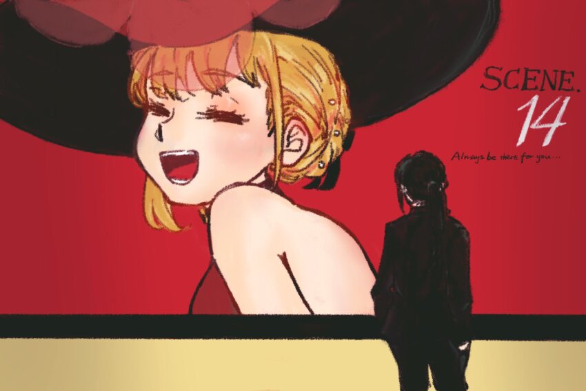 1girl, billboard, black_hair, black_hat, black_suit, blonde_hair, closed_eyes, commentary