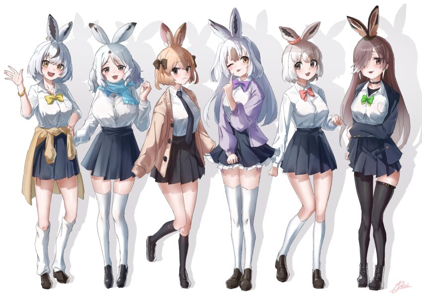 6+girls, :3, :p, alternate_costume, animal_ears, arctic_hare_(kemono_friends), asymmetrical_legwear, black_boots