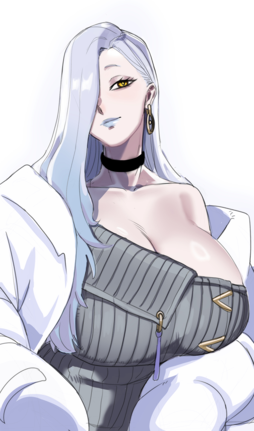 1girl, absurdres, blue_eyeshadow, blue_lips, breasts, choker, dress, earrings