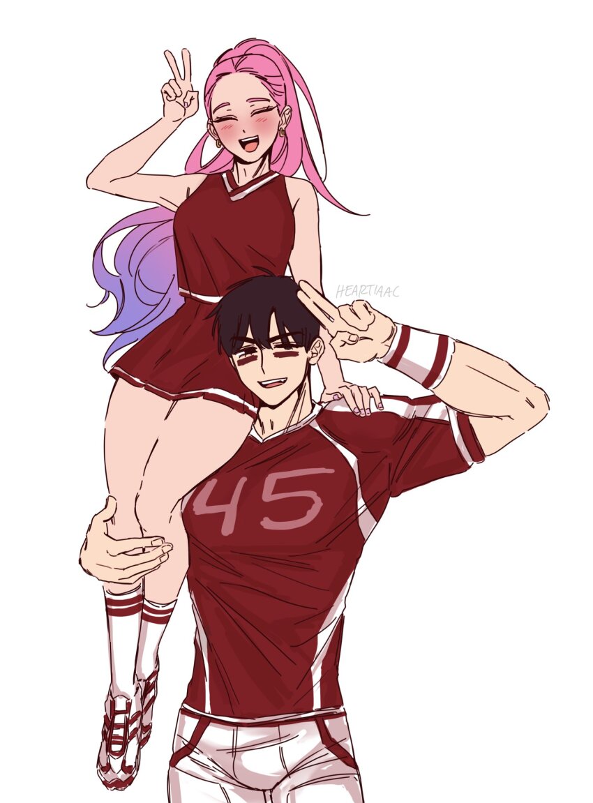 1boy, 1girl, alien_stage, american_football_uniform, artist_name, black_eyes, black_hair, cheerleader