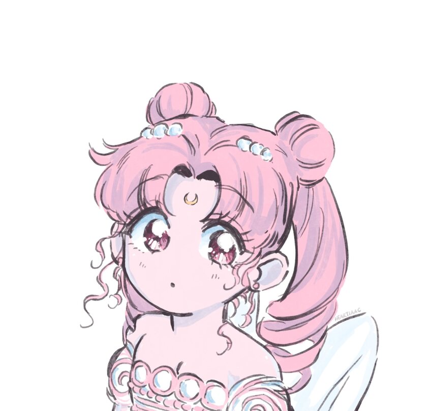 1girl, :o, artist_name, bishoujo_senshi_sailor_moon, chibi_usa, commentary, crescent, crescent_facial_mark, double_bun, dress, facial_mark, forehead_mark, hair_bun, hair_ornament, hashtag-only_commentary, heartiaac, highres, long_hair, off-shoulder_dress, off_shoulder, pearl_hair_ornament, pink_hair, portrait, ringlets, short_sleeves, simple_background, small_lady_serenity, solo, twintails, white_background, white_dress, white_wings, wings