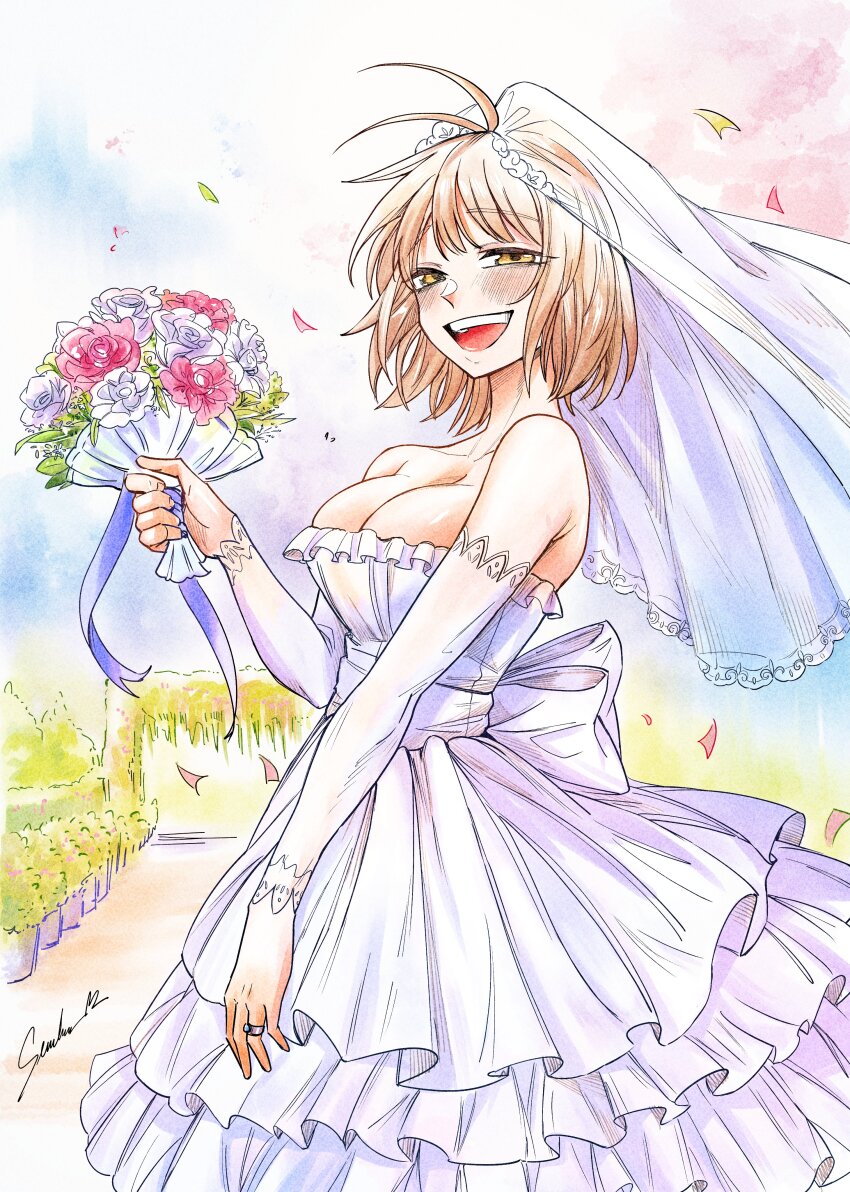 1girl, absurdres, blonde_hair, bouquet, brainrot_girlfriend, breasts, cleavage, cowboy_shot