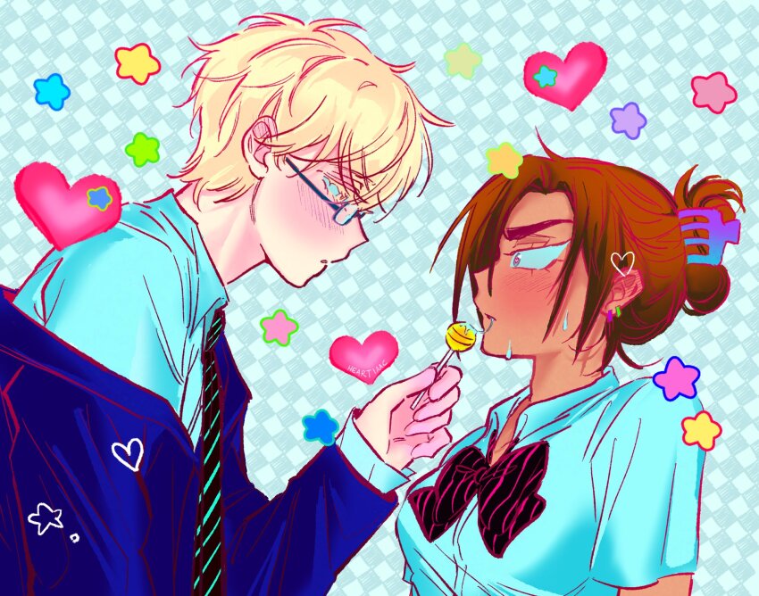 1boy, 1girl, alien_stage, artist_name, blonde_hair, blue_jacket, blush, bow