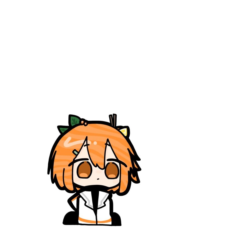 1girl, a.i._voice, adachi_rei, chibi, chibi_only, closed_mouth, food-themed_hair, full_body, hair_ornament, highres, jacket, leaf_hair_ornament, long_sleeves, medium_hair, open_clothes, open_jacket, orange_eyes, orange_hair, salmon_(fish), simple_background, sitting, solo, sparrow_1016, utau, white_background, white_jacket