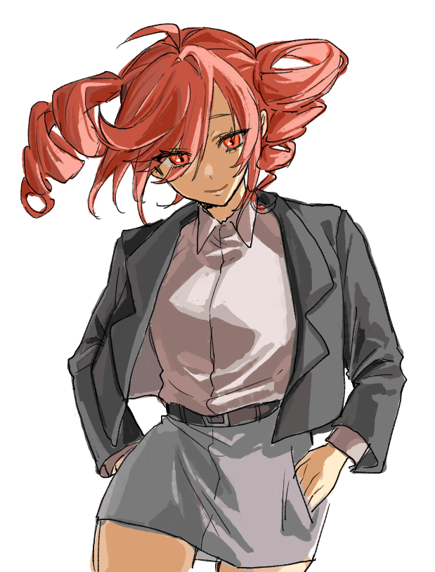 ahoge, alternate_costume, belt, black_belt, black_jacket, cowboy_shot, drill_hair, hair_between_eyes