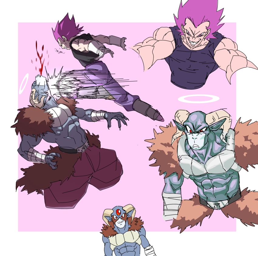 2boys, absurdres, battle, battle_damage, dragon_ball, dragon_ball_super, fighting_stance, gloves