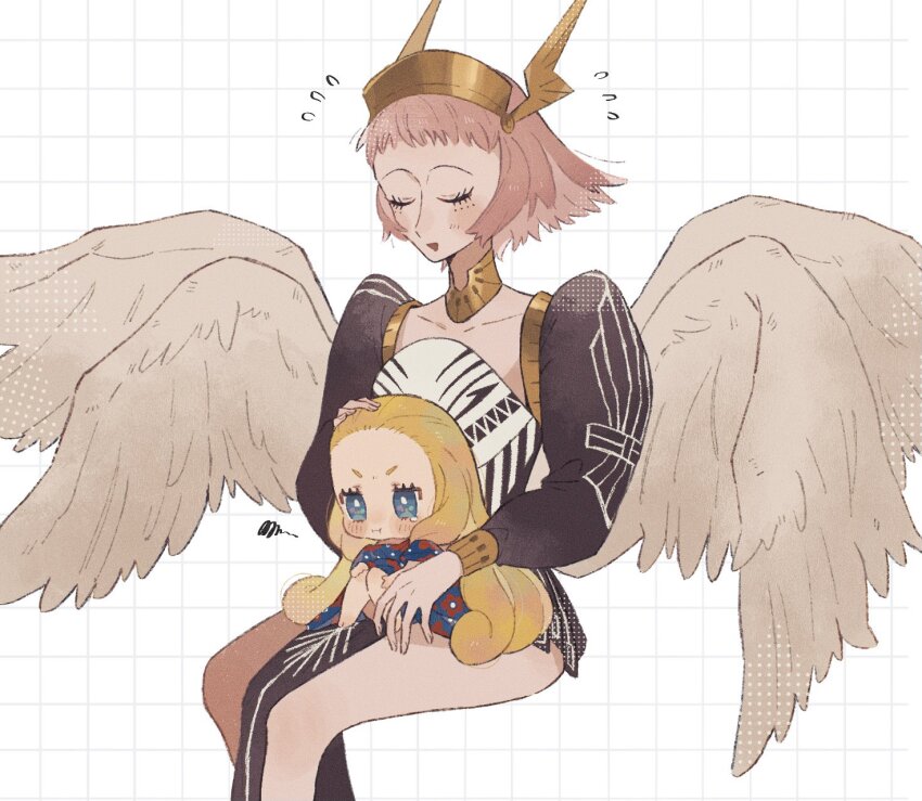 2girls, black_dress, blonde_hair, blue_dress, blue_eyes, chibi, closed_eyes, dress