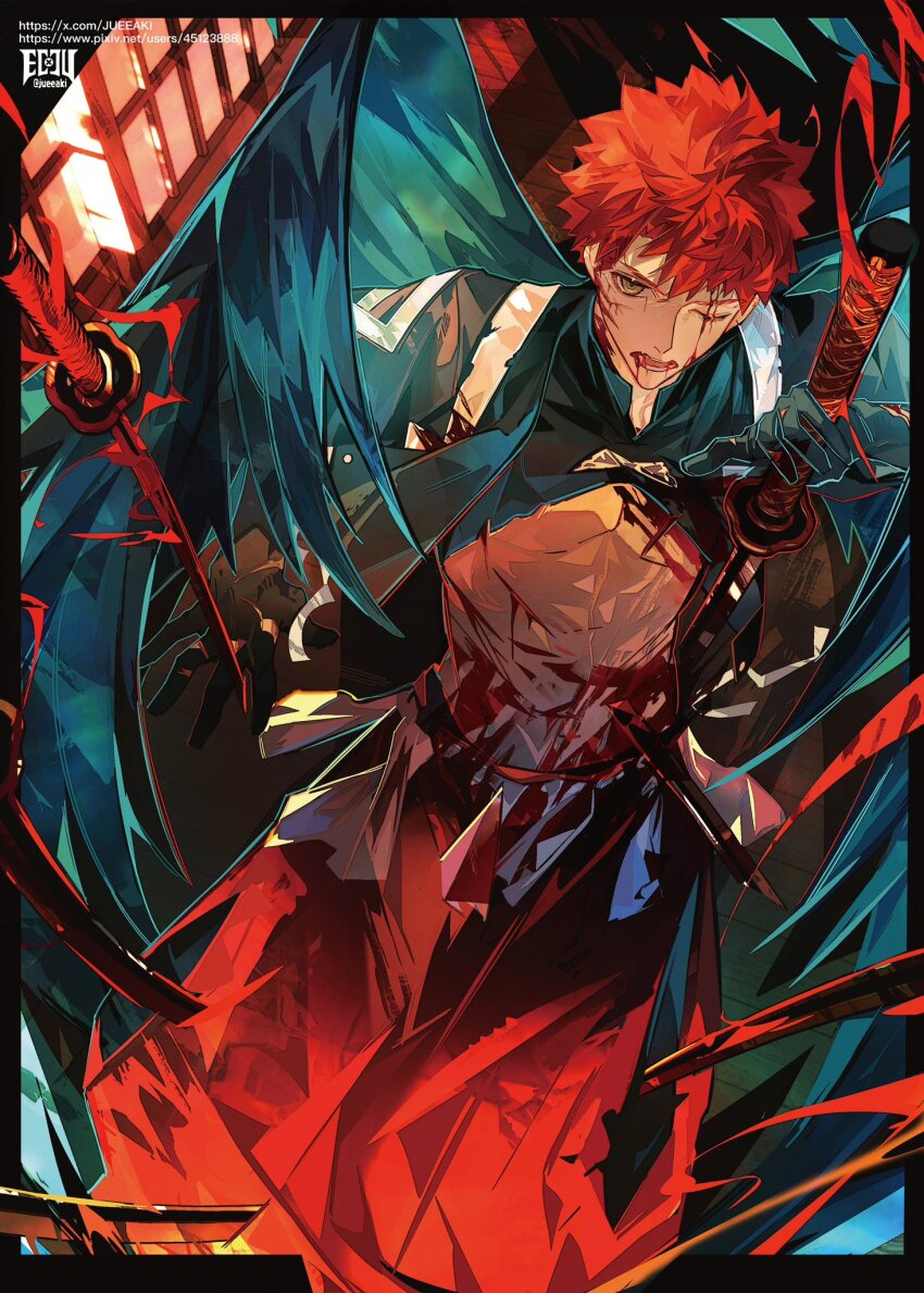 1boy, abs, battle_damage, blood, blood_on_face, eeju, emiya_shirou, fate/grand_order