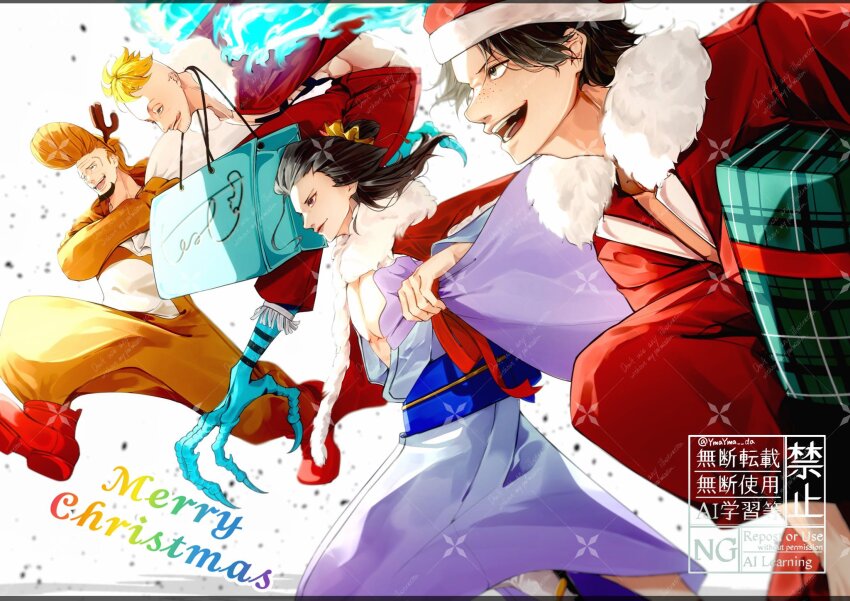 4boys, alternate_form, black_hair, blonde_hair, commentary, fake_antlers, gift, harpy_boy, hat, highres, izou_(one_piece), japanese_clothes, kimono, male_focus, marco_(one_piece), merry_christmas, monster_boy, multiple_boys, obi, one_piece, open_mouth, pompadour, portgas_d._ace, profile, purple_kimono, santa_costume, santa_hat, sash, smile, thatch_(one_piece), ymayma_da
