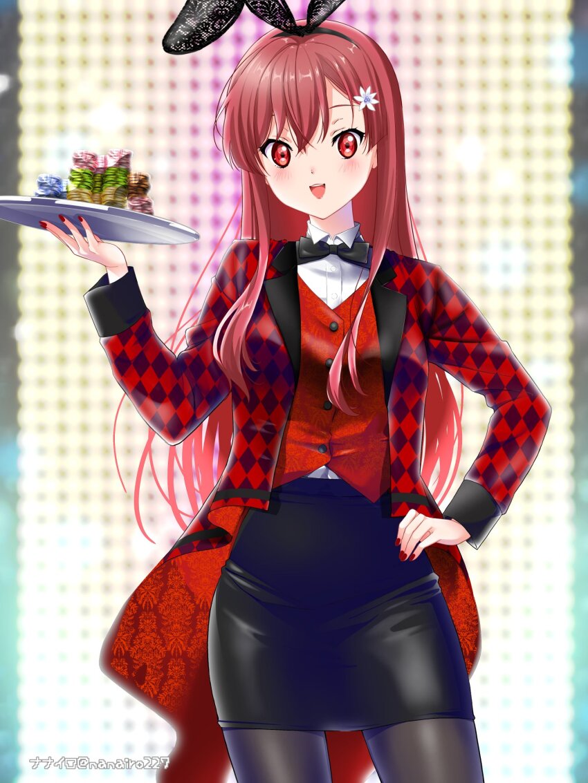 1girl, 22/7, :d, animal_ear_hairband, animal_ears, artist_name, black_bow, black_bowtie