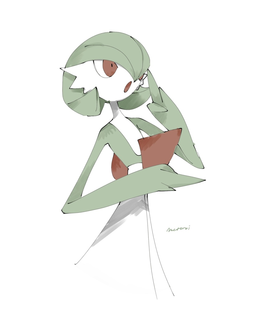 1girl, :o, ame_(metorui), artist_name, bob_cut, colored_skin, female_focus, flat_chest, gardevoir, gen_3_pokemon, green_hair, green_skin, hair_over_one_eye, hands_up, highres, looking_afar, multicolored_skin, nintendo, one_eye_covered, open_mouth, pokemon, pokemon_(creature), red_eyes, short_hair, signature, simple_background, solo, standing, two-tone_skin, upper_body, white_background, white_skin