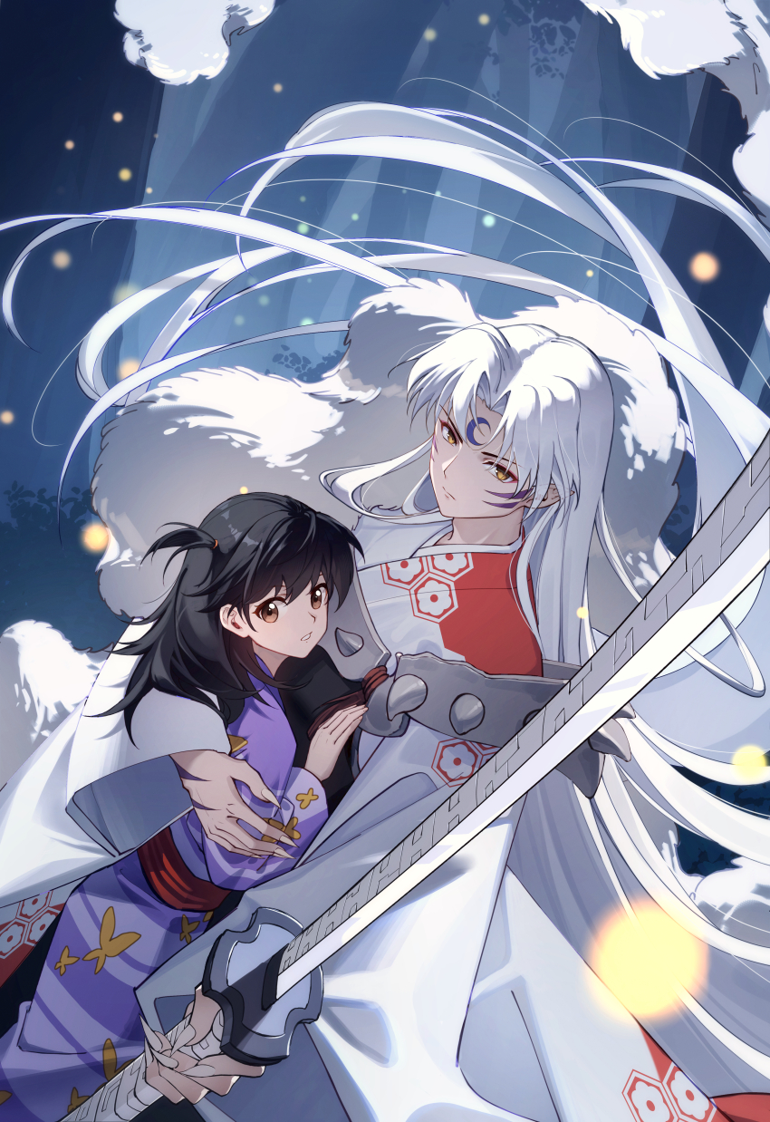 1boy, 1girl, absurdly_long_hair, absurdres, animal_print, bishounen, black_hair, blurry