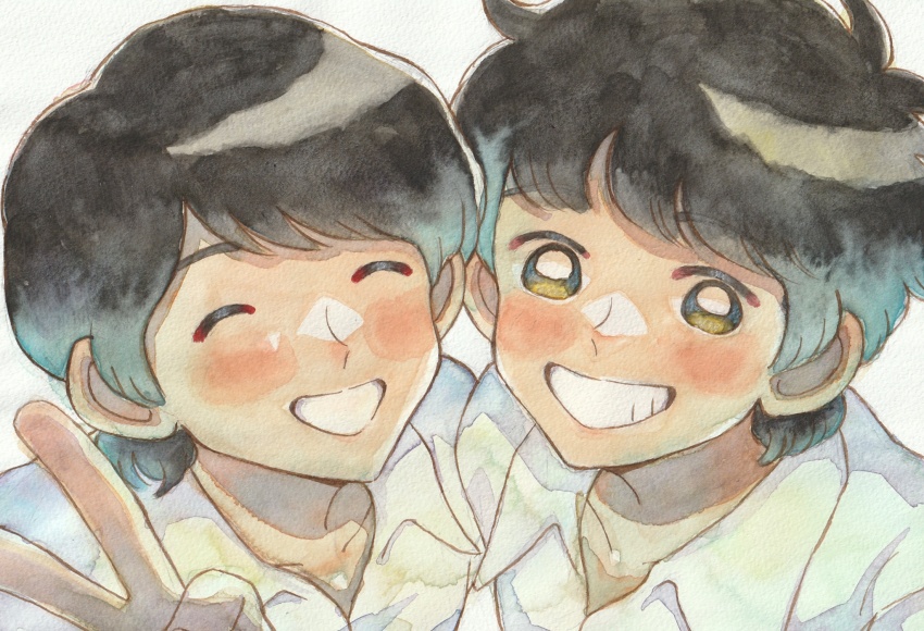 2boys, black_hair, brothers, closed_eyes, highres, looking_at_viewer, male_focus, multiple_boys