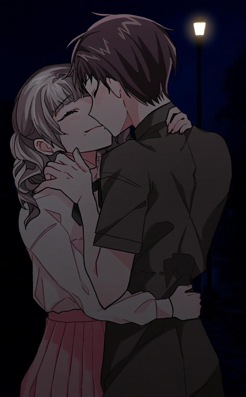 1boy, 1girl, arm_across_waist, black_ribbon, brown_hair, closed_eyes, closed_mouth, commentary