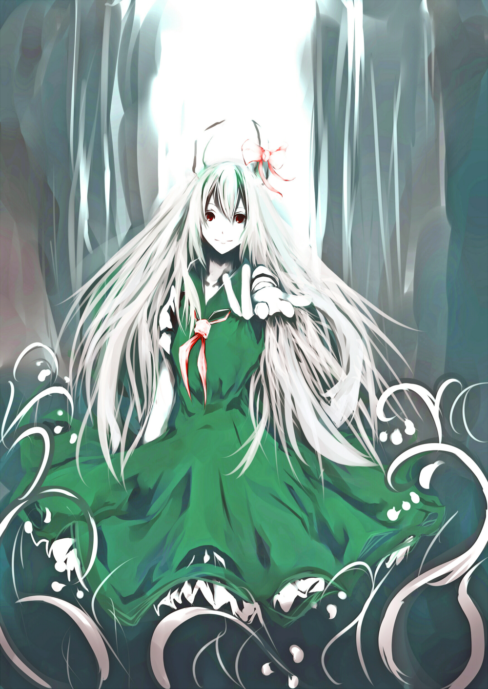 1girl, bad_id, bad_pixiv_id, dress, ex-keine, female_focus, forest, grass, highres, horn_ornament, horn_ribbon, horns, kamishirasawa_keine, long_hair, looking_at_viewer, nature, necktie, outstretched_hand, painting_(medium), plant, reaching, ribbon, smile, solo, touhou, traditional_media, tree, watercolor_(medium), yosshi_(pixiv)