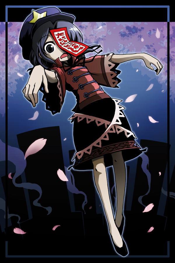 1girl, beret, blue_eyes, blue_hair, female_focus, full_body, graveyard, hat