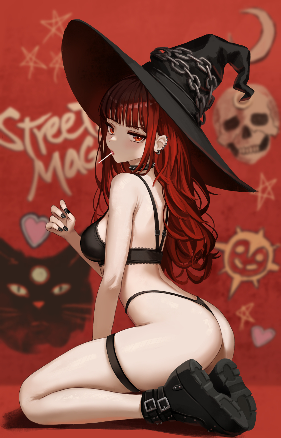 1girl, armpit_crease, ass, bare_shoulders, black_boots, black_bra, black_nails, black_panties, boots, bra, breasts, candy, chain, collar, commentary, ear_piercing, english_commentary, food, graffiti, hand_up, hat, highres, lollipop, long_hair, looking_at_viewer, medium_breasts, nail_polish, original, panties, piercing, red_eyes, red_hair, seiza, sitting, solo, spiked_collar, spikes, thigh_strap, underwear, underwear_only, val_(yan_kodiac), witch_hat, yan_kodiac