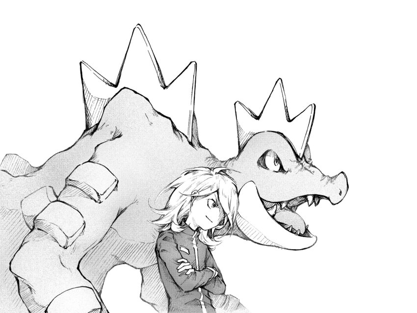1boy, black_jacket, crossed_arms, fangs, feraligatr, gen_2_pokemon, greyscale, grin