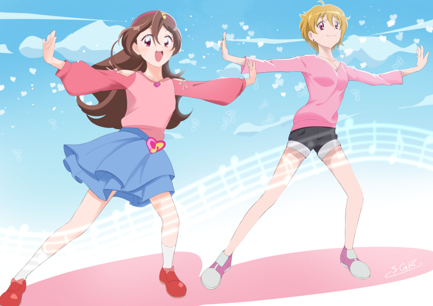 2girls, black_shorts, blonde_hair, blue_skirt, blush, brown_hair, closed_mouth, clothing_cutout