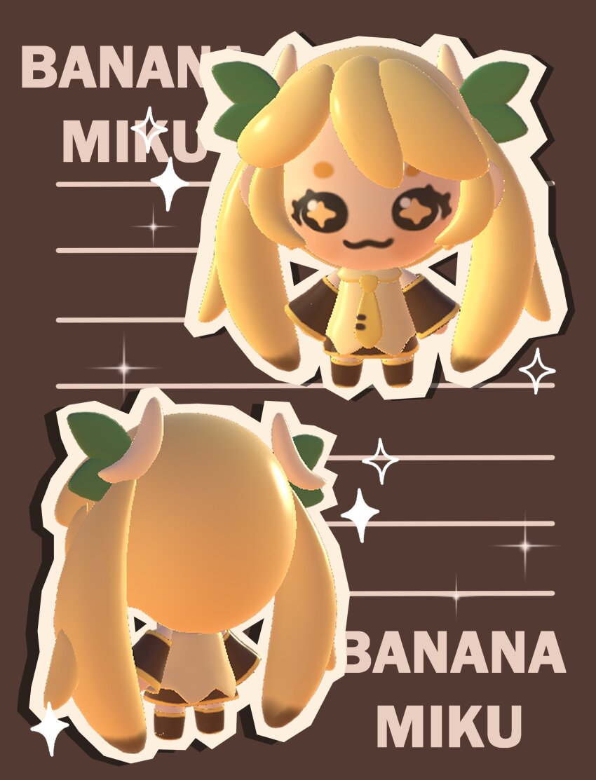 1girl, 3d, :3, absurdres, alternate_hair_color, banana_hair_ornament, chibi, chibi_only, detached_sleeves, english_text, food-themed_hair_ornament, hair_ornament, hatsune_miku, highres, lavy_(lavnko), leaf_hair_ornament, necktie, smile, sparkle, twintails, vocaloid, yellow_necktie