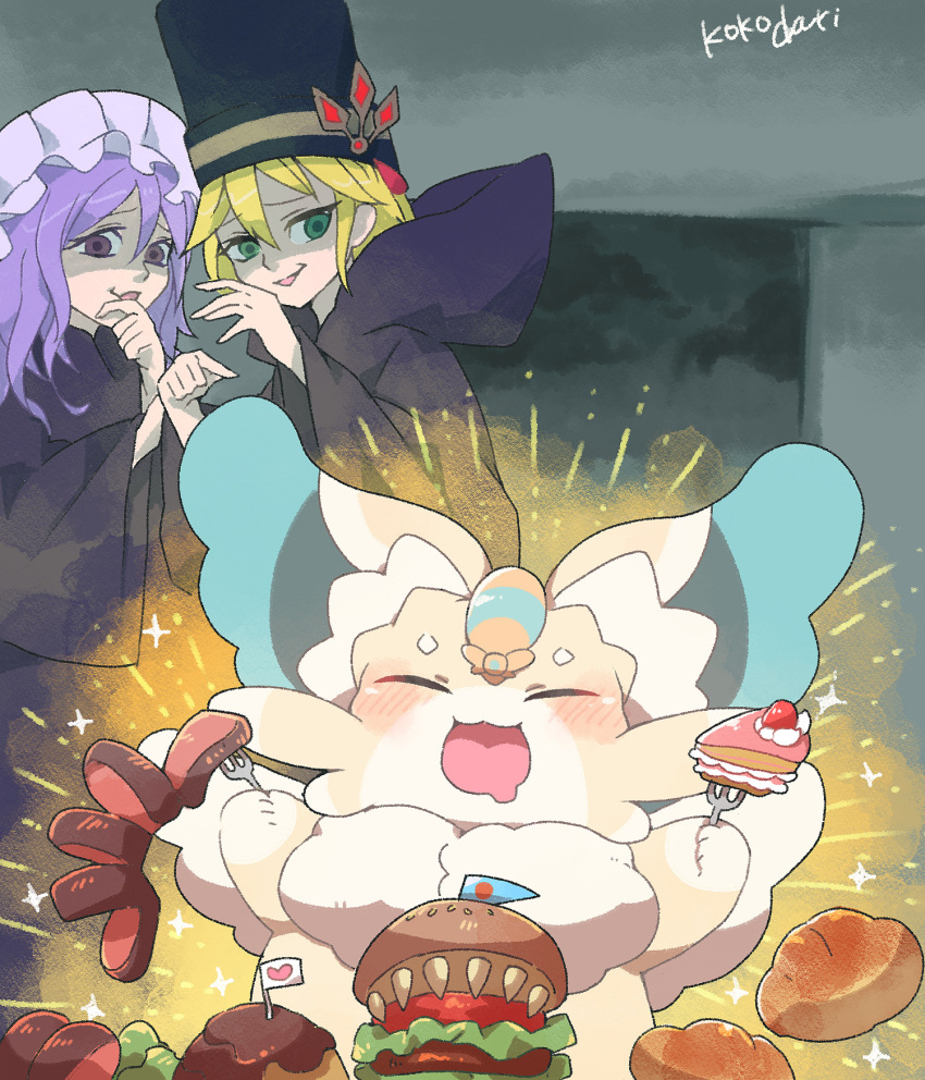 2girls, animal_focus, black_robe, blonde_hair, bread, burger, cake, chef_hat