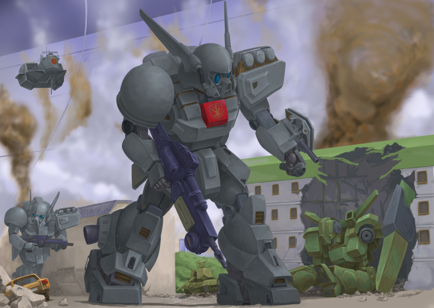 after_battle, aircraft, beam_rifle, building, car, commentary_request, crossbone_vanguard, damaged