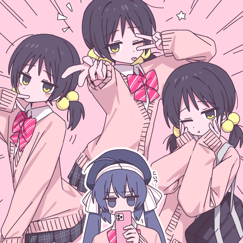 2girls, absurdres, bag, black_hair, black_skirt, blush_stickers, bow, bowtie, channel_(caststation), collared_shirt, diagonal-striped_bow, diagonal-striped_bowtie, diagonal-striped_clothes, diagonal-striped_neckerchief, emphasis_lines, hair_bobbles, hair_ornament, hands_on_own_cheeks, hands_on_own_face, highres, holding, holding_phone, jacket, jitome, kaai_yuki, long_sleeves, multiple_girls, multiple_views, neckerchief, notice_lines, official_art, one_eye_closed, otomachi_una, outstretched_arm, phone, pink_background, pink_jacket, plaid_clothes, plaid_skirt, school_bag, shirt, skirt, small_sweatdrop, striped_bow, striped_bowtie, striped_clothes, striped_neckerchief, tongue, tongue_out, v, v_over_eye, v_over_mouth, vocaloid, white_shirt, wink_star, zako_(vocaloid)