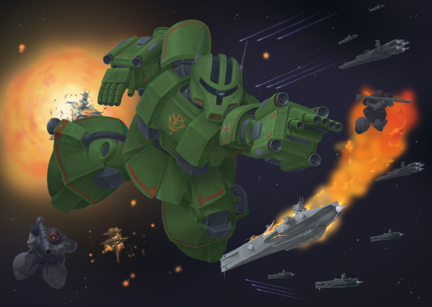 a_baoa_qu, aiming, battle, bazooka_(gundam), beam_cannon, burning, commentary_request, contrail