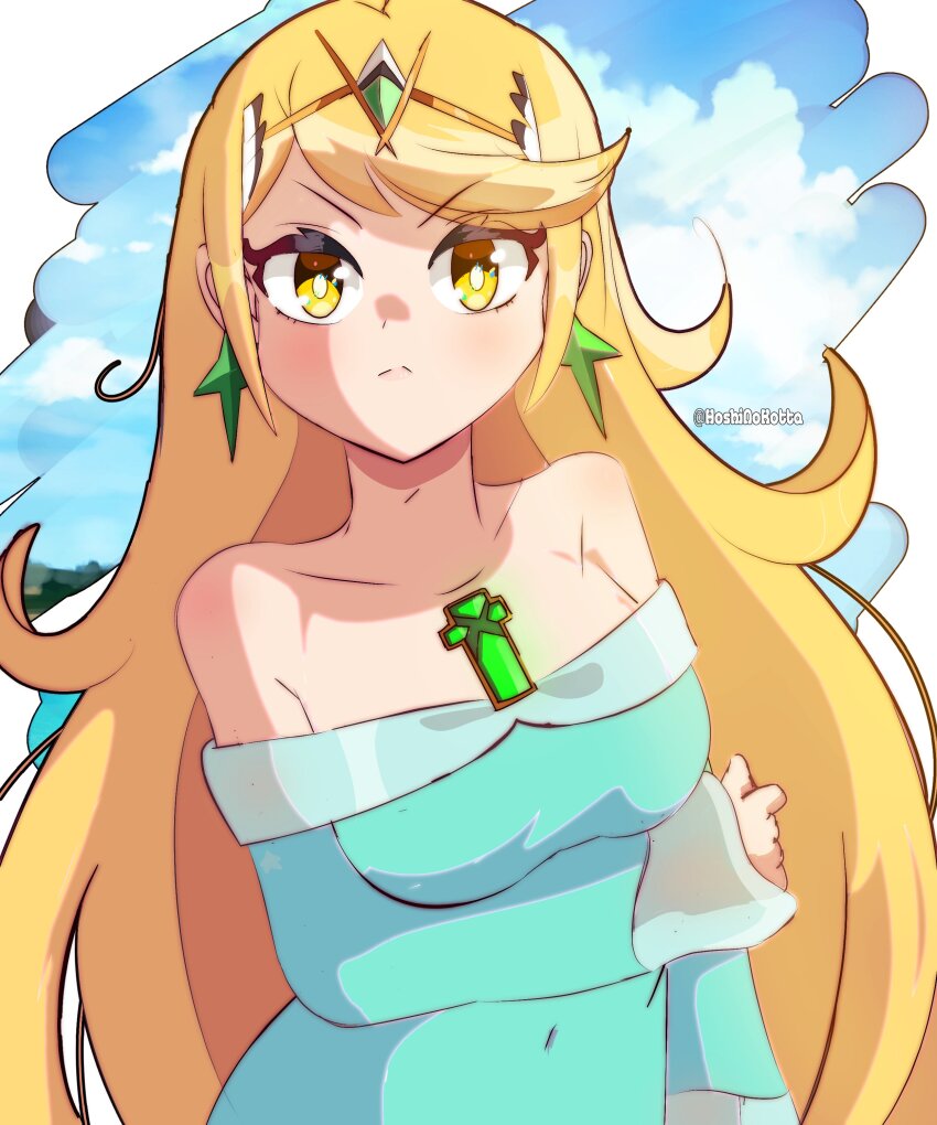 1girl, absurdres, bare_shoulders, blonde_hair, blue_dress, chest_jewel, closed_mouth, commentary