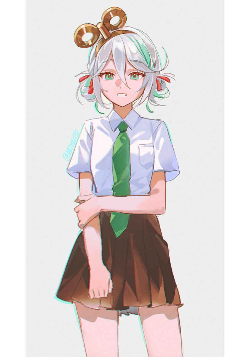 1girl, absurdres, alternate_costume, brown_skirt, cecilia_immergreen, collared_shirt, commentary, english_commentary