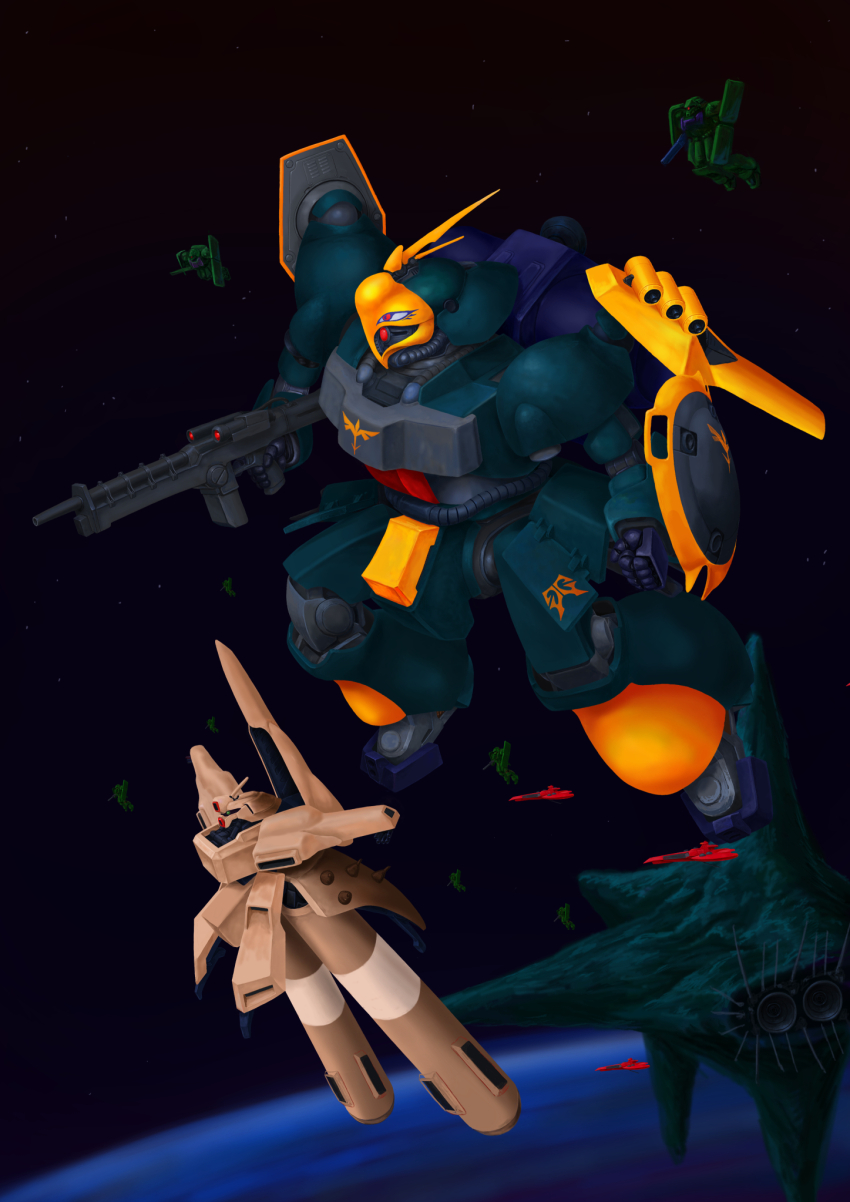 alpha_azieru, asteroid, axis_(gundam), beam_rifle, cable, char's_counterattack, commentary_request, earth_(planet)