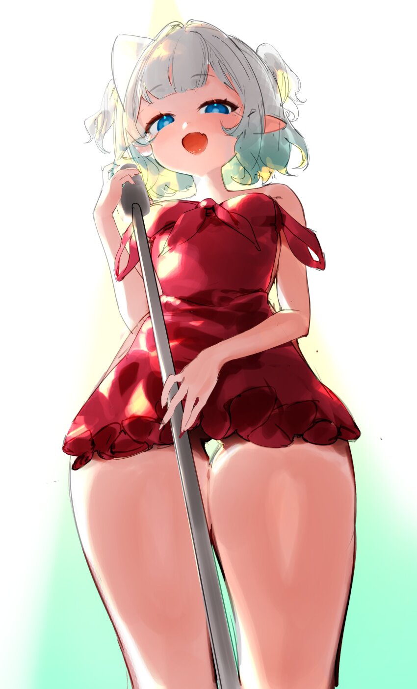 1girl, absurdres, blue_eyes, dress, from_below, gradient_background, gradient_hair, green_background