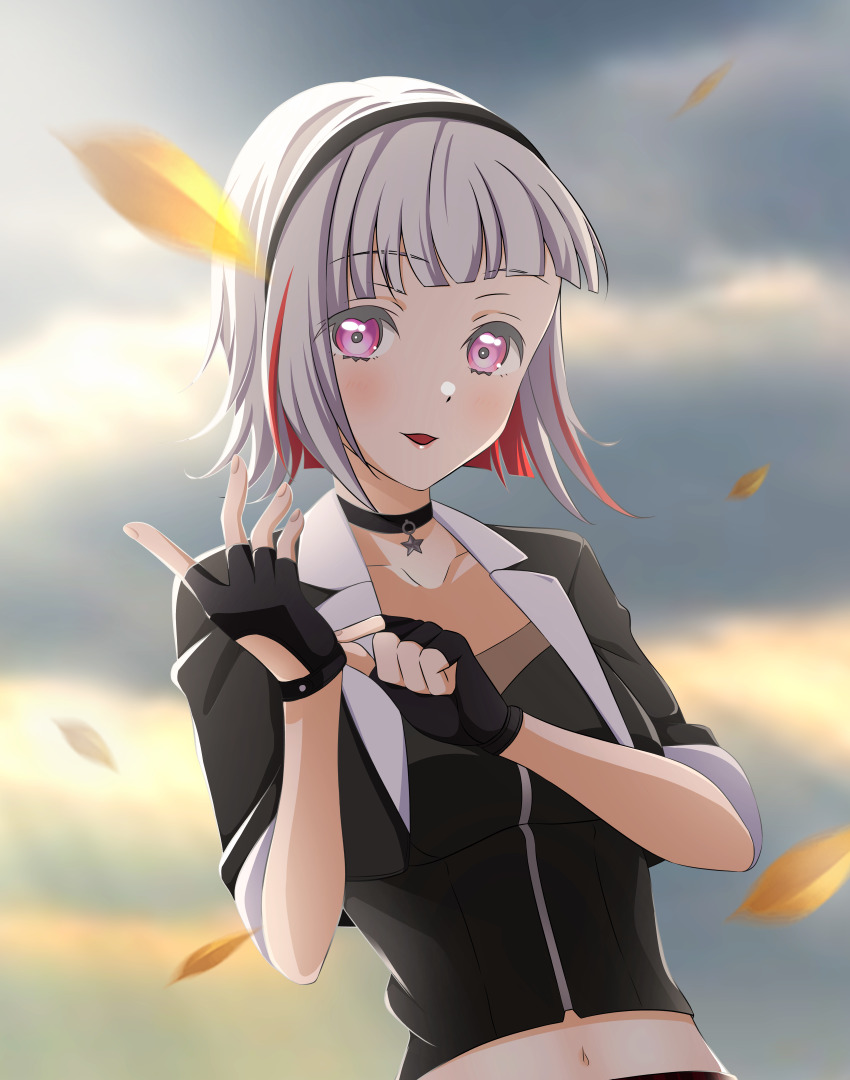 1girl, :d, absurdres, adjusting_clothes, adjusting_gloves, black_choker, black_gloves, black_hairband