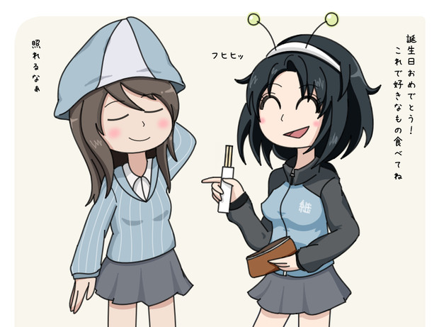 2girls, antennae, aqclk, black_hair, blue_sweater, blush, brown_hair, chopsticks