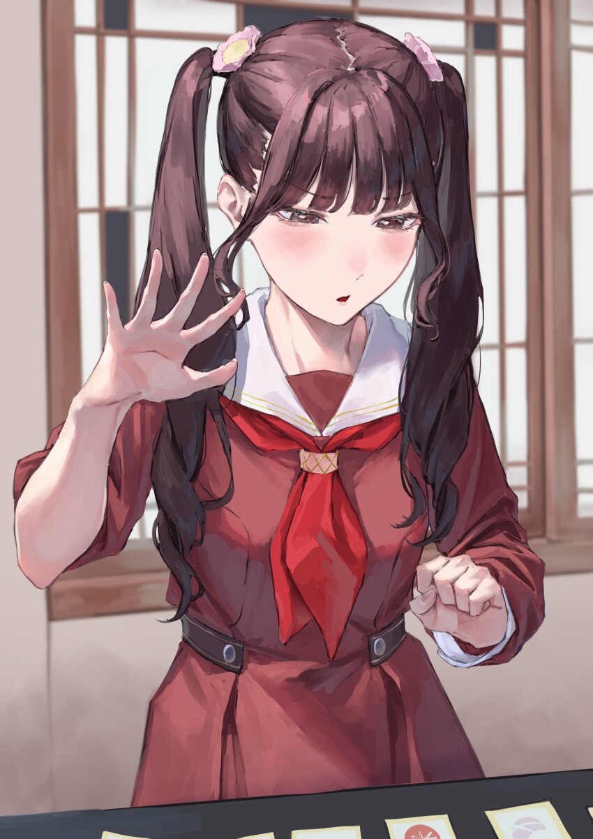 1girl, animification, blunt_bangs, blush, brown_dress, card, clenched_hand, commentary_request