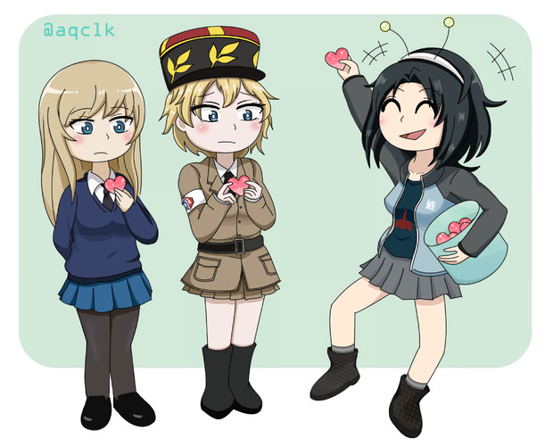 3girls, antennae, aqclk, asparagus_(girls_und_panzer), basket, bc_freedom_military_uniform, belt, belt_buckle