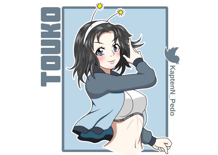 1girl, antennae, arm_up, black_eyes, black_hair, blue_jacket, blush, breasts, character_name, clenched_hand, fake_antennae, girls_und_panzer, hairband, highres, jacket, kaptenn_pedo, keizoku_military_uniform, large_breasts, midriff, navel, open_clothes, open_jacket, short_hair, signature, smile, sports_bra, touko_(girls_und_panzer), track_jacket, white_hairband, white_sports_bra