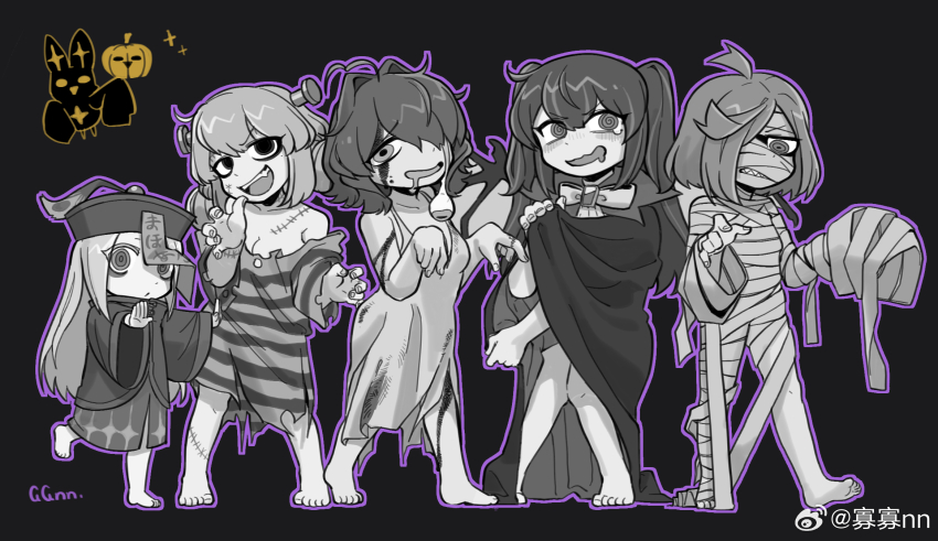 5girls, @_@, ahoge, akoya_matama, anemo_nemo, araga_kiwi, artist_name, barefoot