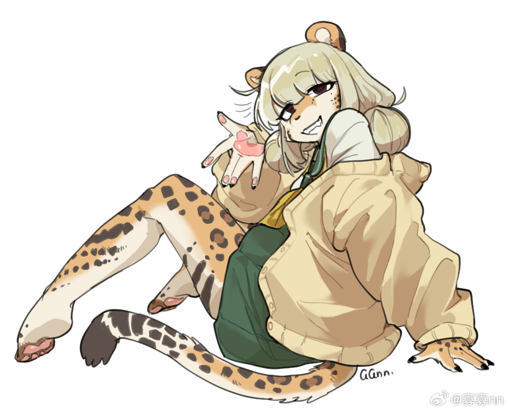 1girl, \||/, animal_ears, araga_kiwi, artist_name, barefoot, blonde_hair, double_\||/, furrification, furry, furry_female, grin, guagua977, jacket, leopard_ears, leopard_girl, leopard_tail, looking_at_viewer, mahou_shoujo_ni_akogarete, medium_hair, pawpads, red_eyes, school_uniform, simple_background, sitting, skirt, smile, solo, tail, white_background