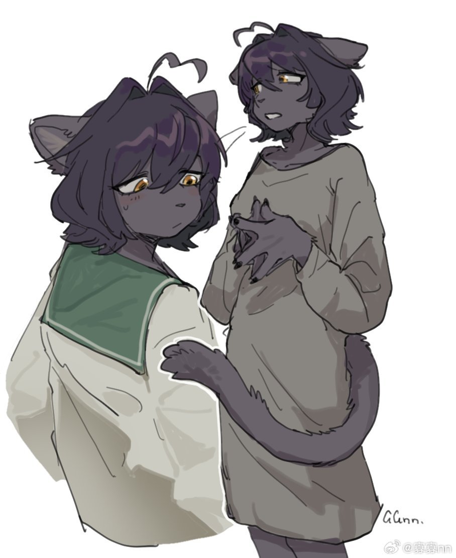 1girl, ahoge, animal_ears, artist_name, black_hair, cat_ears, cat_girl, cat_tail