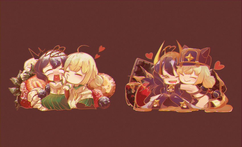 2girls, ahoge, araga_kiwi, black_hair, blank_eyes, blonde_hair, chibi, chocolate