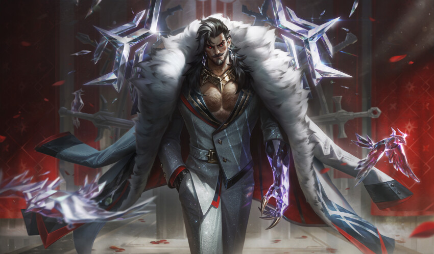 1boy, absurdres, beard, bird, black_gloves, black_hair, coat, colonnade, crystal_arm, crystal_bird, earrings, facial_hair, formal_clothes, gloves, grey_hair, highres, jewelry, league_of_legends, long_hair, looking_at_viewer, muscular, muscular_male, mustache, necklace, pectorals, pepeno, prestige_chosen_of_the_wolf_swain, red_eyes, suit, swain_(league_of_legends), white_coat, white_suit
