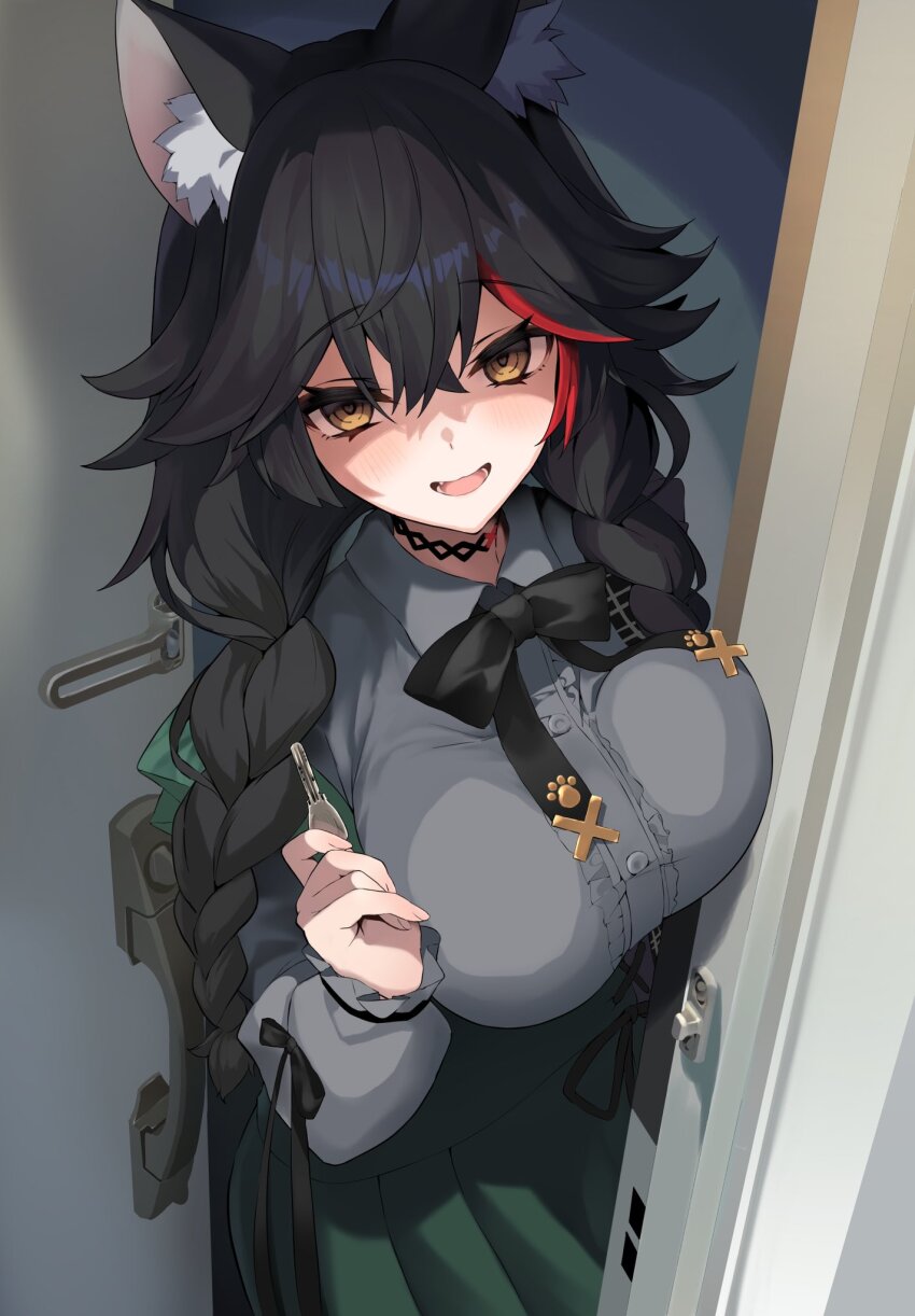 1girl, :d, animal_ear_fluff, animal_ears, argule0901, black_bow, black_bowtie, black_choker, black_hair, bow, bowtie, braid, breasts, center_frills, choker, collared_shirt, crossed_bangs, door, dress, flipped_hair, frills, green_skirt, grey_shirt, hair_between_eyes, heart, heart-shaped_pupils, highres, holding, holding_key, hololive, key, large_breasts, long_hair, long_sleeves, looking_at_viewer, low_twin_braids, multicolored_hair, official_alternate_costume, ookami_mio, ookami_mio_(8th_costume), open_mouth, pleated_skirt, red_hair, shaded_face, shirt, shirt_tucked_in, skirt, smile, solo, streaked_hair, symbol-shaped_pupils, twin_braids, virtual_youtuber, wolf_ears, wolf_girl, yandere, yellow_eyes