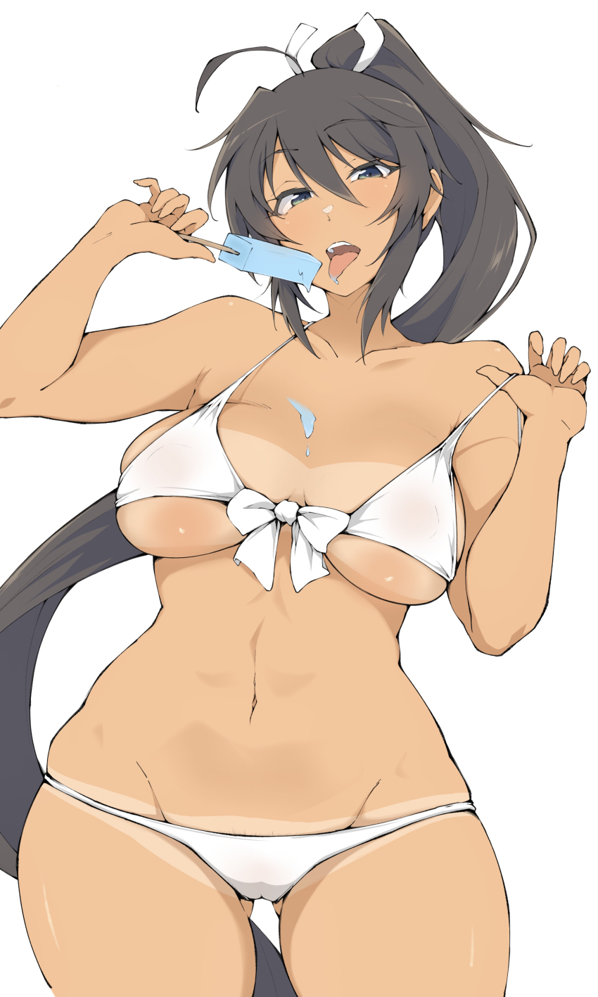1girl, absurdres, adjusting_clothes, adjusting_swimsuit, bikini, bikini_tan, breasts, brown_hair