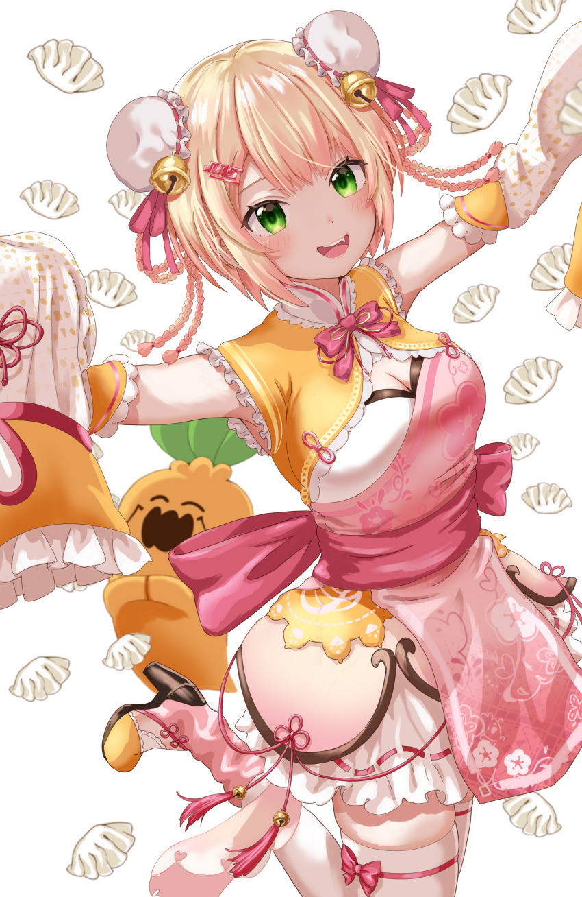 1girl, absurdres, blonde_hair, breasts, china_dress, chinese_clothes, cleavage, detached_sleeves