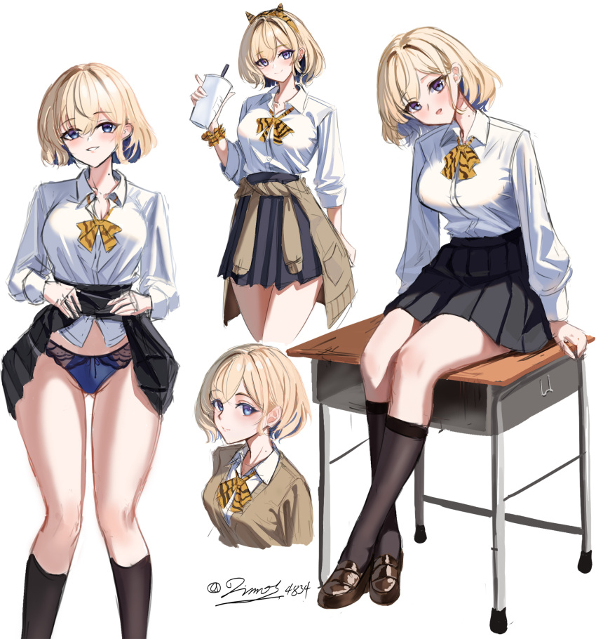 1girl, absurdres, black_skirt, black_socks, blonde_hair, blue_eyes, blue_hair, blue_panties, bow, bowtie, breasts, clothes_lift, collared_shirt, colored_inner_hair, dimos_(dawn_1945), gloire_(kancolle), gloire_kai_(kancolle), gloire_kai_(setsubun)_(kancolle), highres, kantai_collection, large_breasts, lifting_own_clothes, long_sleeves, miniskirt, mole, mole_on_neck, multicolored_hair, neckerchief, official_alternate_costume, panties, pleated_skirt, school_uniform, scrunchie, shirt, short_hair, skirt, skirt_lift, socks, underwear, white_shirt, wrist_scrunchie, yellow_bow, yellow_bowtie, yellow_neckerchief, yellow_scrunchie