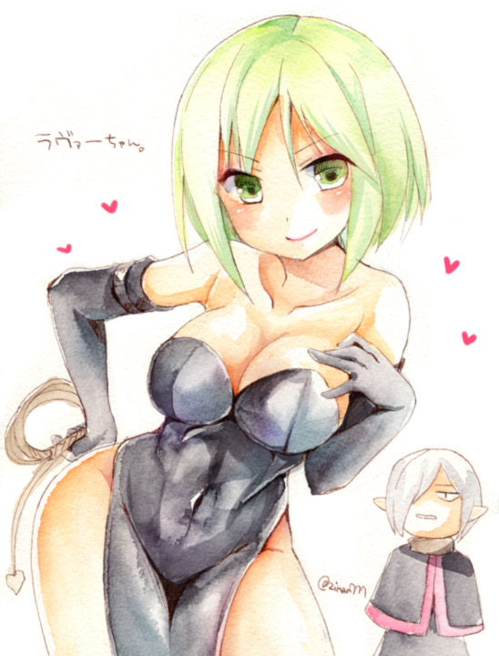 1boy, 1girl, black_dress, black_gloves, breasts, cleavage, closed_mouth, covered_navel, dress, elbow_gloves, gloves, holding, holding_whip, lavarre, looking_at_viewer, lucifer_(star_ocean), pointy_ears, short_hair, simple_background, smile, star_ocean, star_ocean:_the_second_story, white_background, zinan