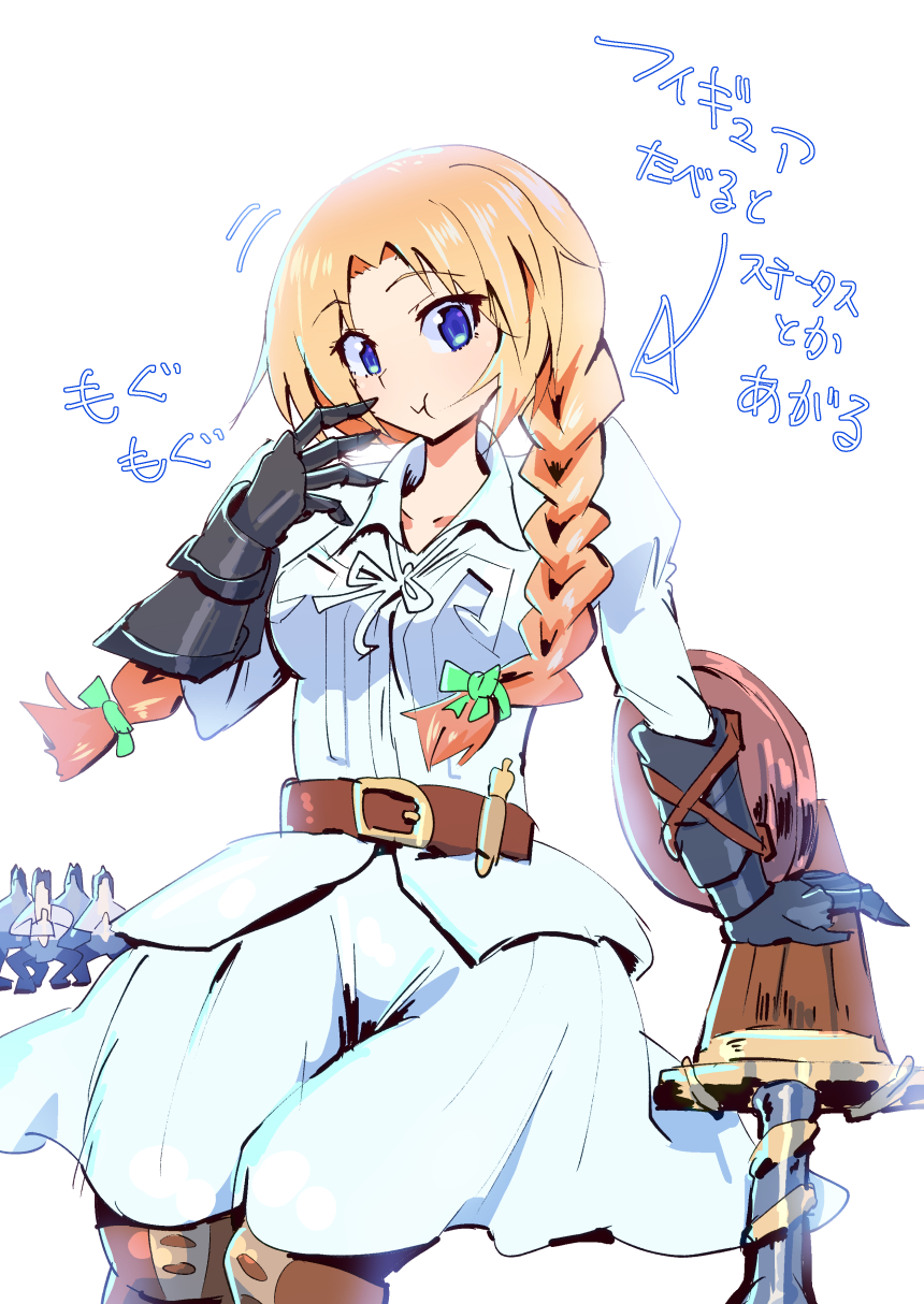 1girl, belt, blonde_hair, braid, breasts, closed_mouth, dress, ferris, gloves, highres, long_hair, long_sleeves, looking_at_viewer, mystic_ark, nishuu_miri, puffy_sleeves, shield, simple_background, twin_braids, white_background, white_dress