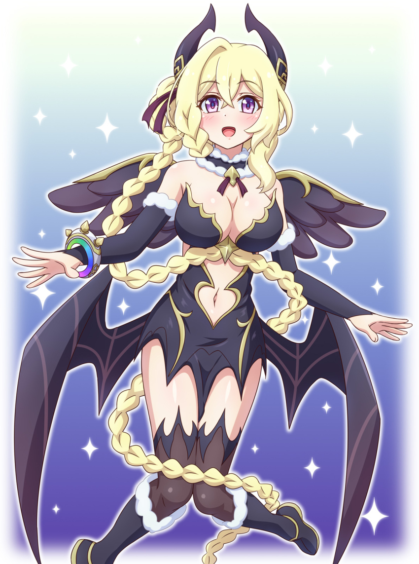 1girl, absurdly_long_hair, bare_shoulders, black_boots, black_gloves, black_wings, blonde_hair, boots